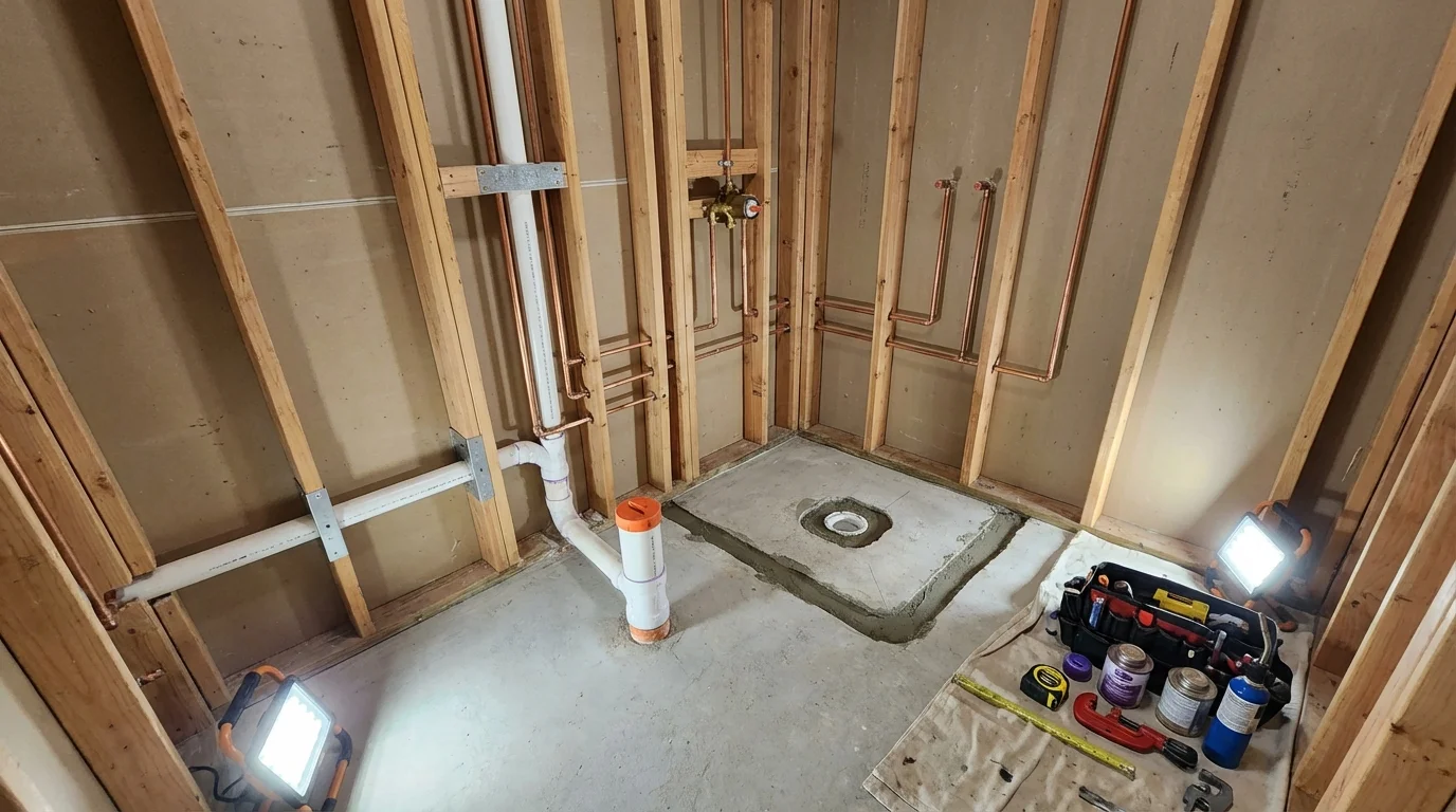 Bathroom rough-in plumbing during remodel by Johns Plumbing LLC in Starksboro