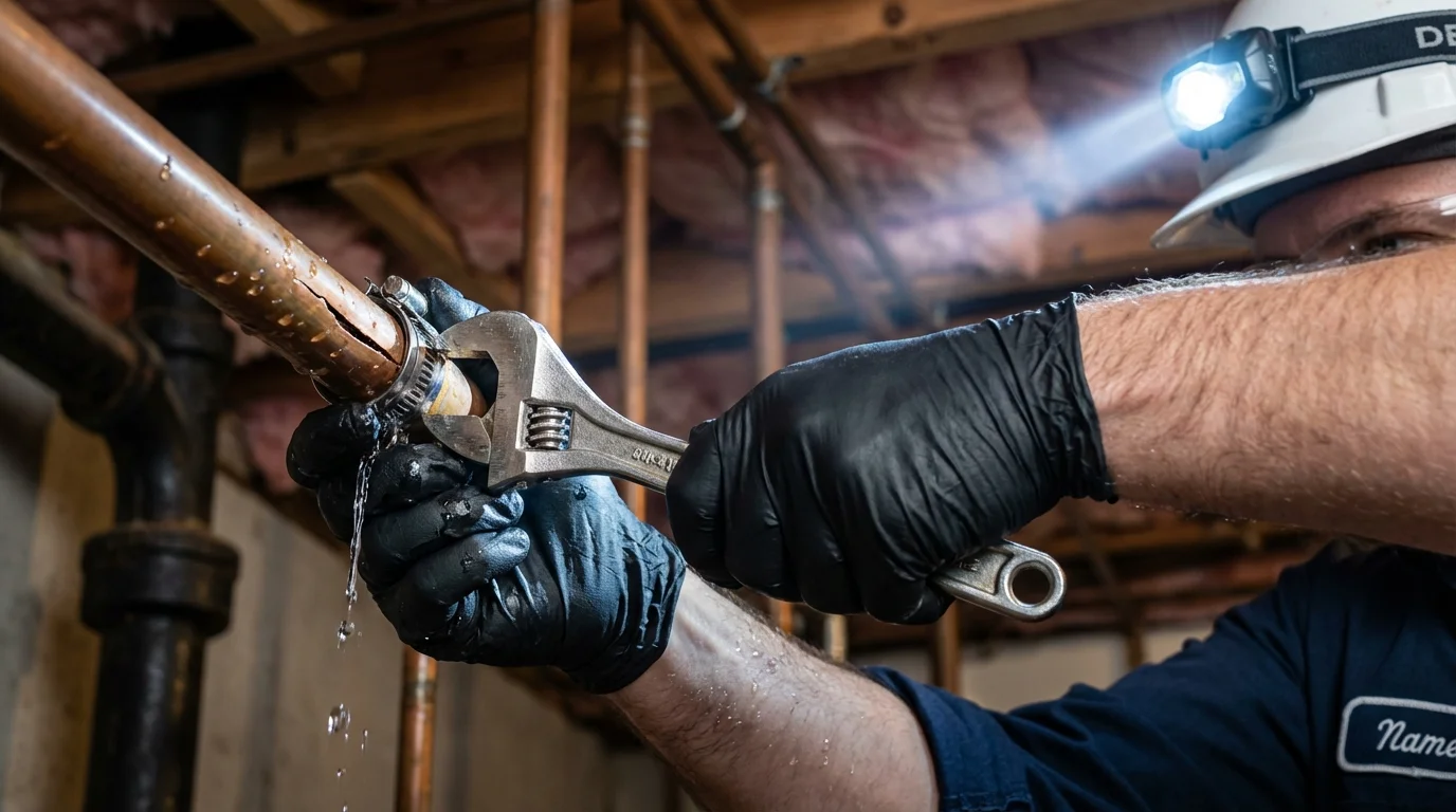 Emergency pipe clamp repair being performed by a Johns Plumbing LLC plumber in Starksboro
