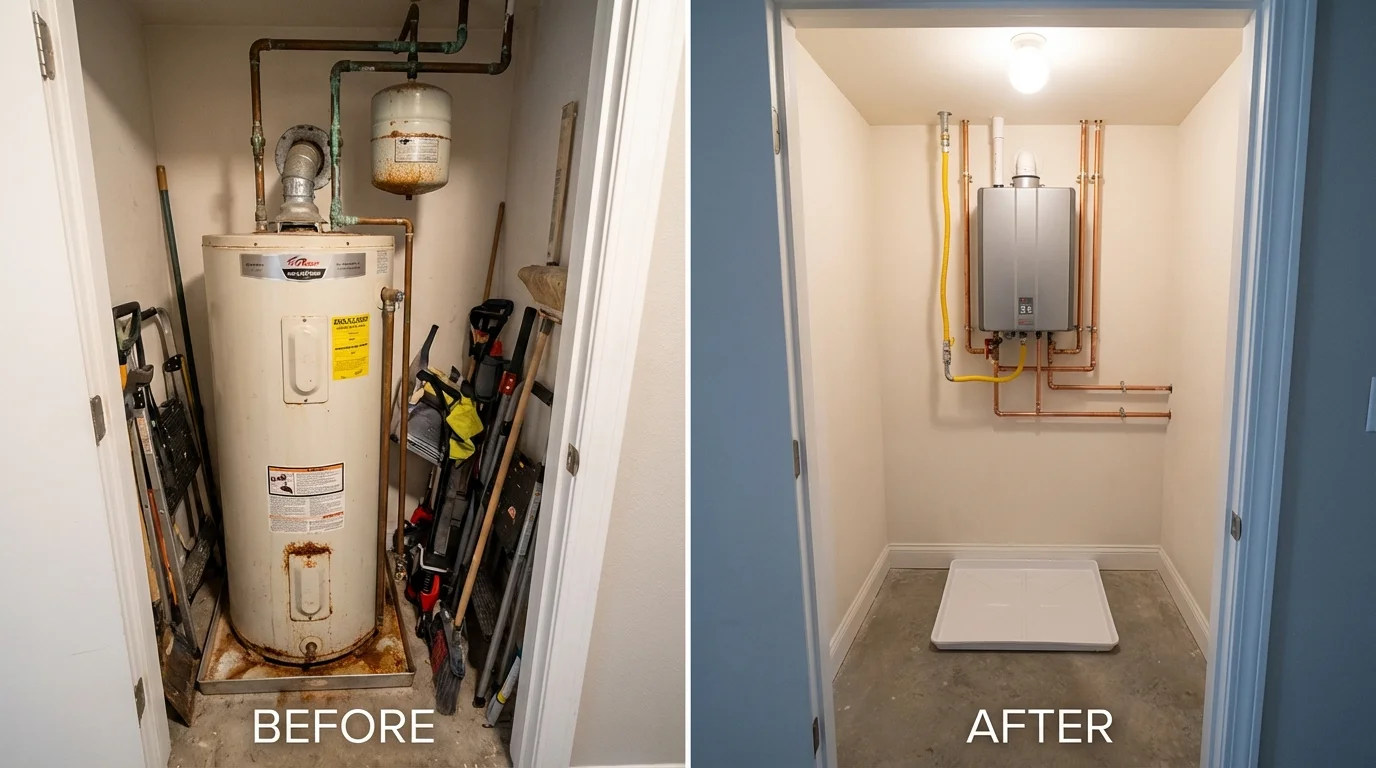 Tank water heater versus wall-mounted tankless unit comparison for Starksboro, VT homeowners