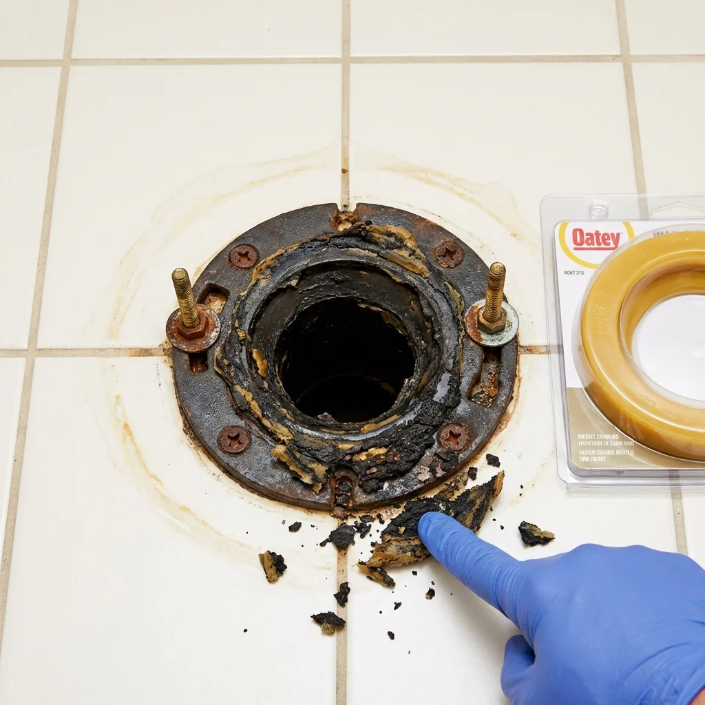 Failed wax ring showing water seepage at the base of a toilet in a Starksboro, VT home
